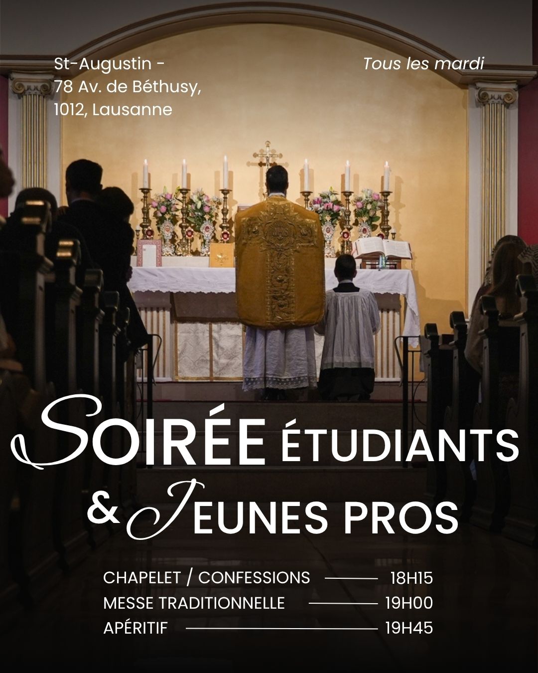 Affiche de la soirée du mardi : chapelet, confessions, messe et apéritif